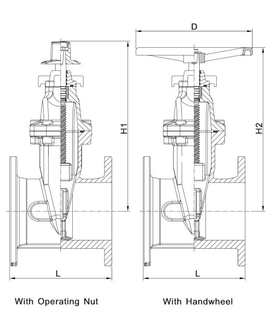 NRS Resilient Seated Gate Valves Flange Ends Schematic